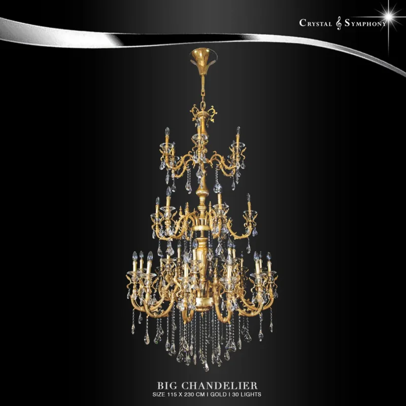 โคมไฟระย้าสไตล์ Antique สูง 2.3 เมตร KRIC-131104/L30/G โคมไฟคริสตัลขนาดใหญ่ โคมไฟมีขนาดความสูง 2.3 เมตร โครงเป็นโลหะชุบสีทองทนทาน